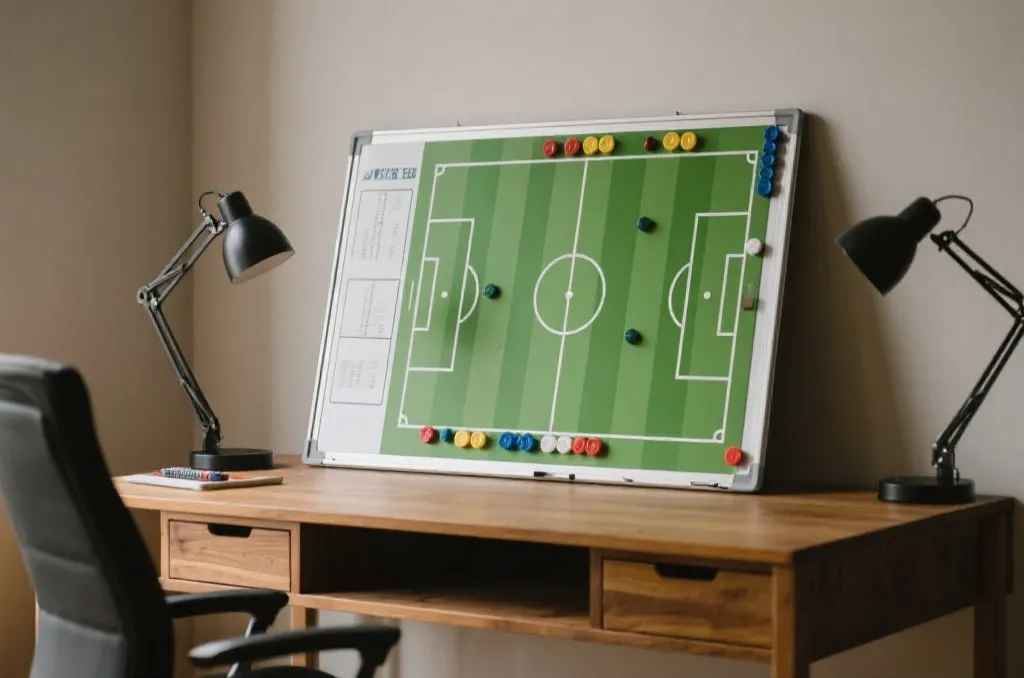 tactical board on a wooden desk with a football pitch diagram and generic markers