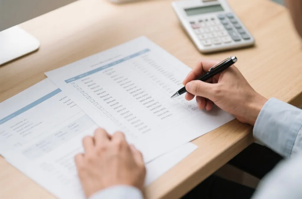 A close-up of hands using a calculator and pen on a clean wooden desk with structured financial spreadsheets